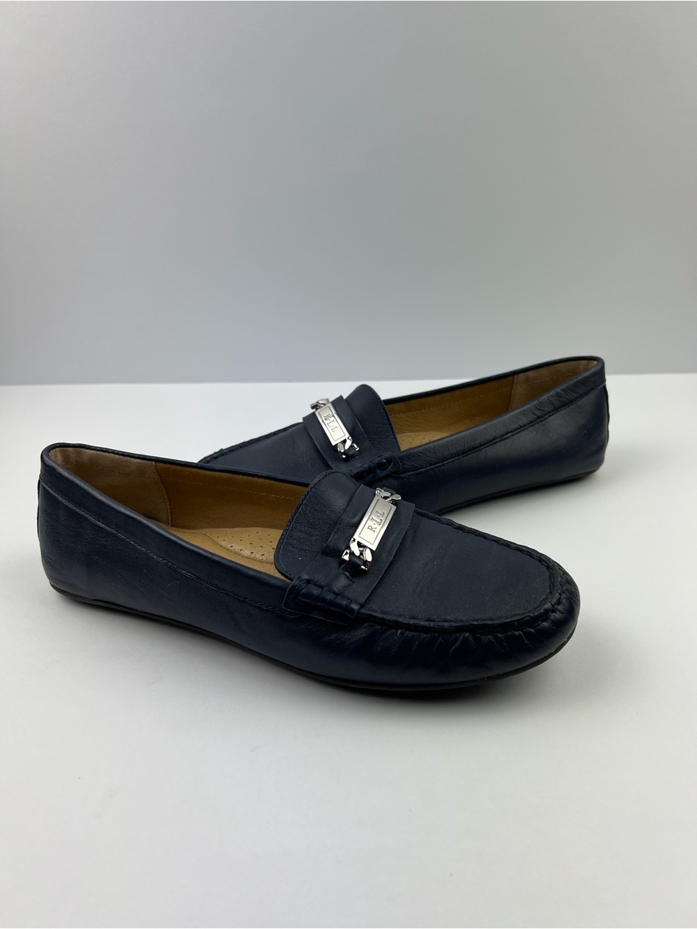 Lauren Ralph Lauren Womens Belen Sheep Leather Navy Blue Racing Loafers Sz 8 B